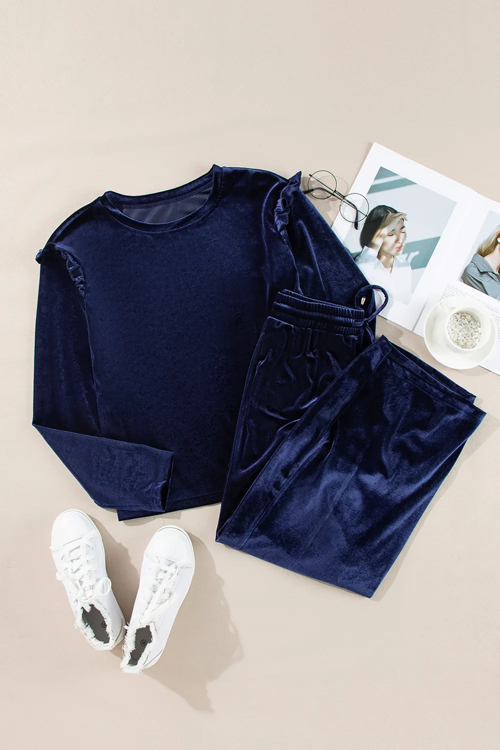 Frill Round Neck Long Sleeve Top and Pants Set, image 2