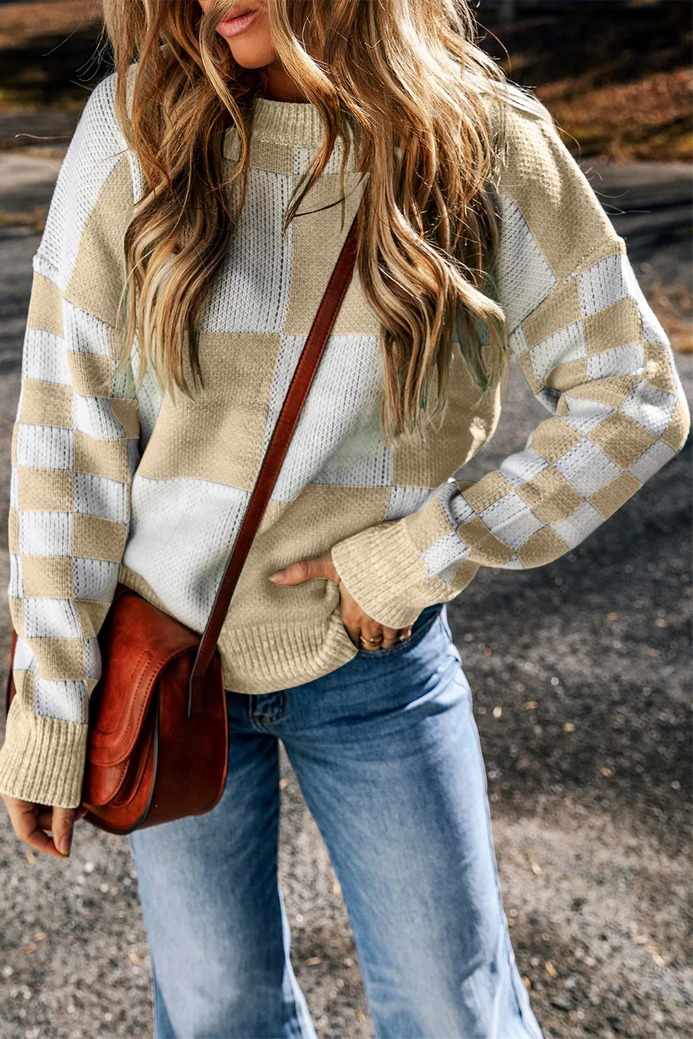 Checkered Round Neck Drop Shoulder Sweater, image 2