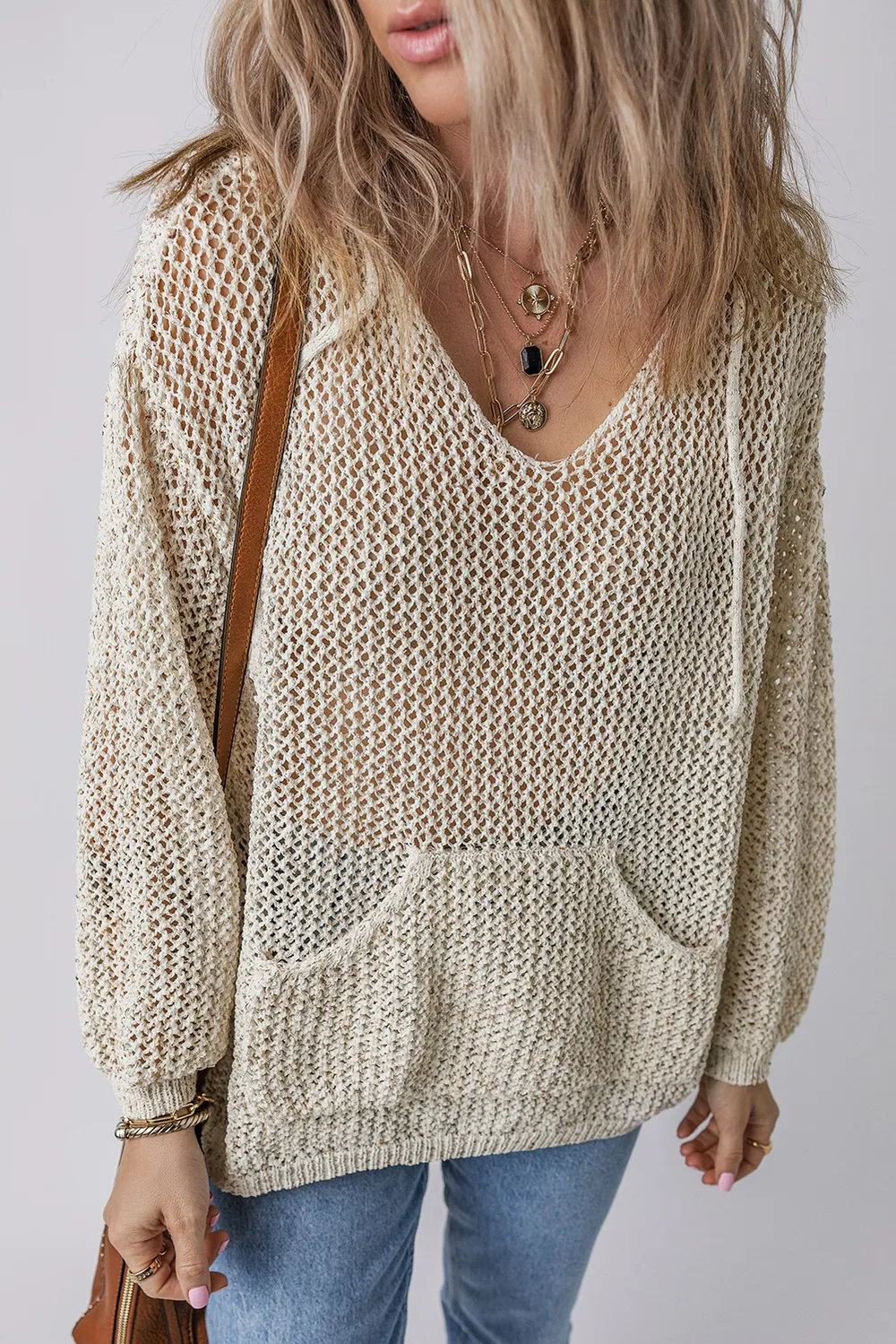 Openwork Dropped Shoulder Hooded Knit Top, image 2