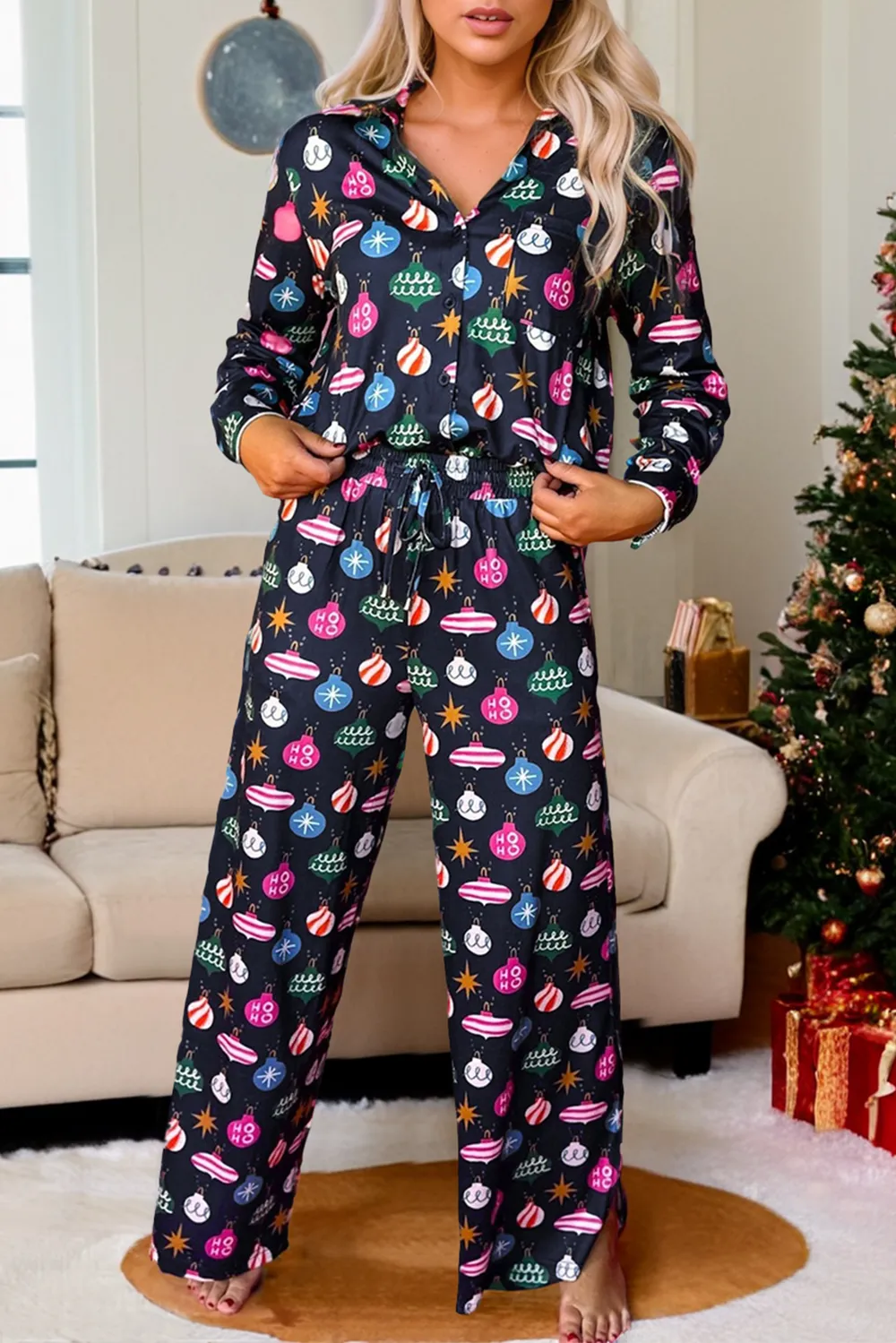 Christmas Lights Print Collared Neck Top and Pants Set, image 7