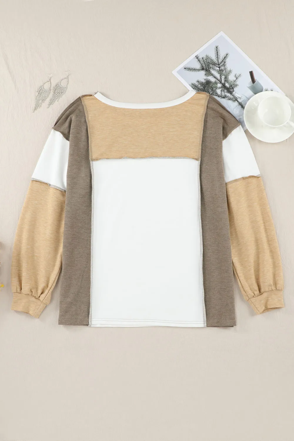 Exposed Seam Contrast Round Neck Long Sleeve Top, image 3