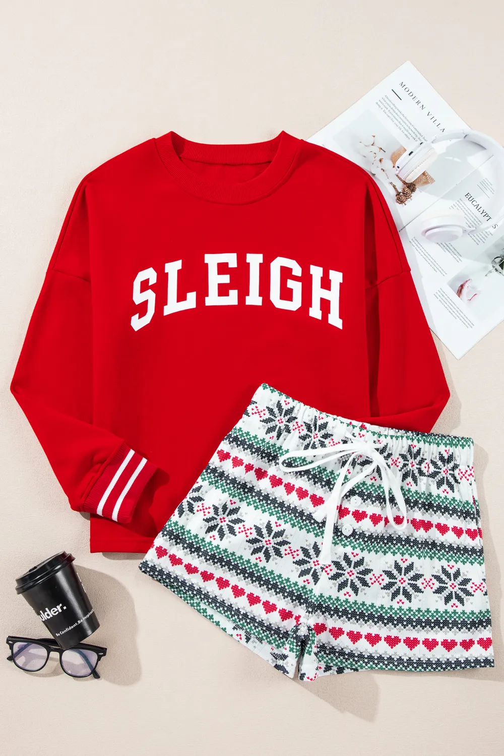 Letter Graphic Round Neck Top and Printed Shorts Lounge Set, image 5