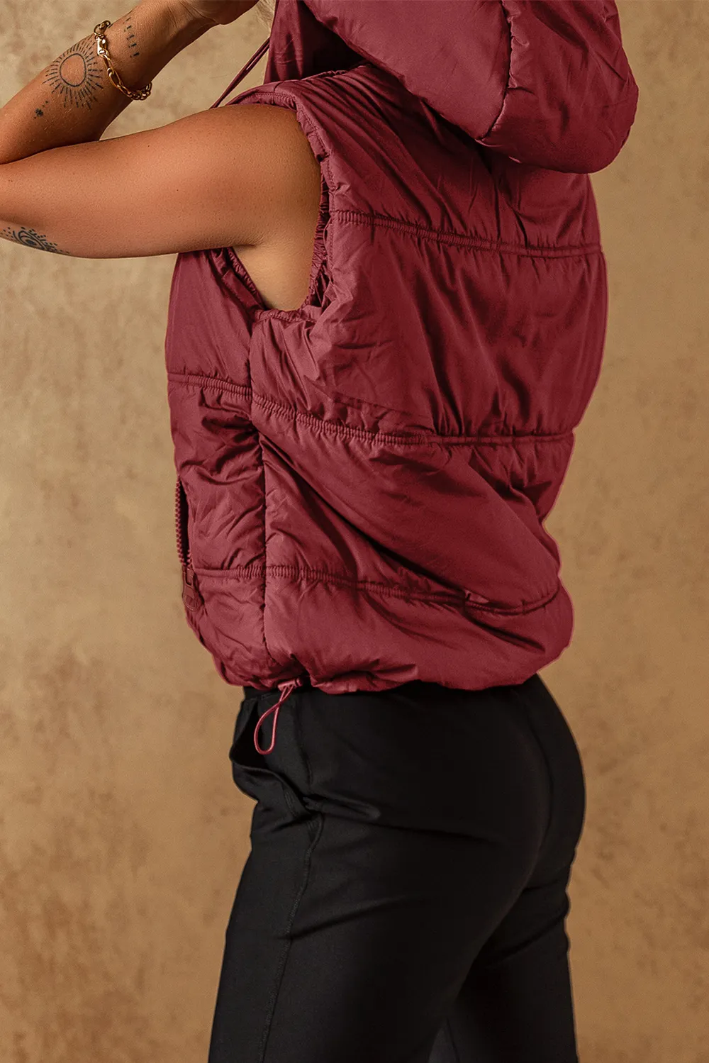 Drawstring Zip Up Hooded Vest Coat, image 4