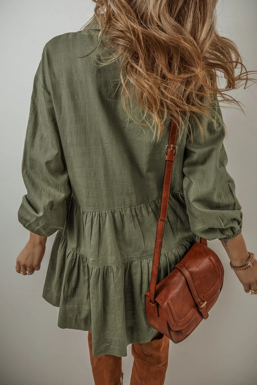 Tiered Collared Neck Balloon Sleeve Shirt Dress, image 2