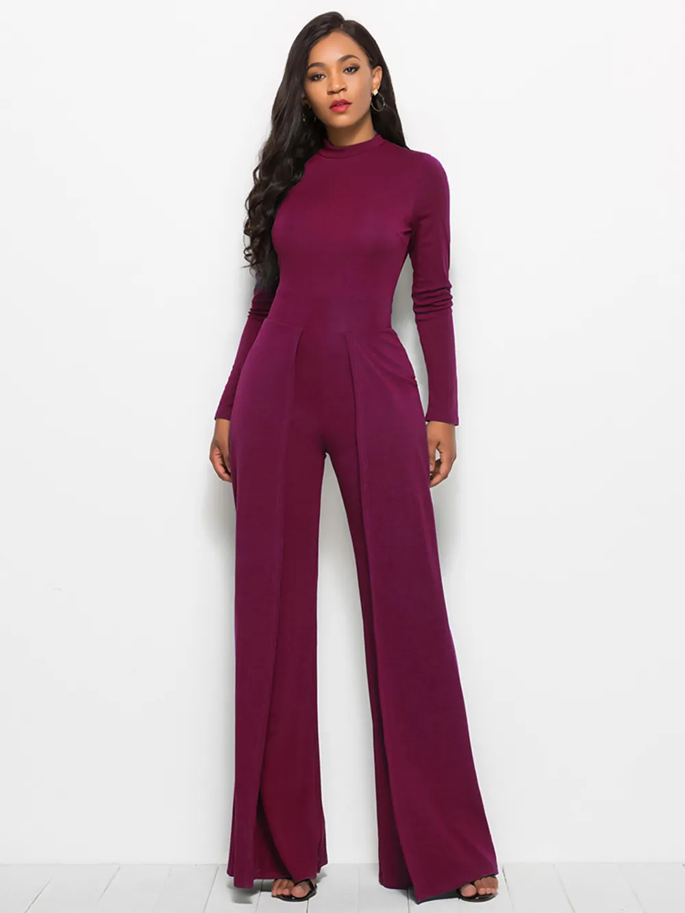 Long Sleeve Mock Neck Wide Leg Jumpsuit, image 6
