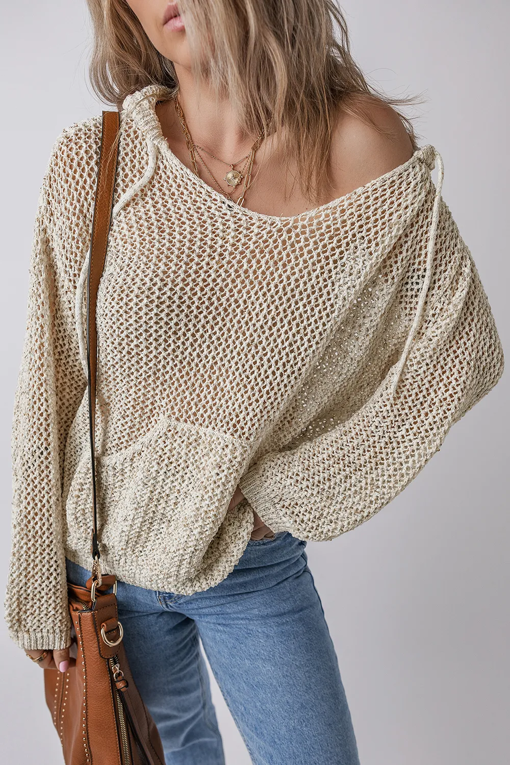 Openwork Dropped Shoulder Hooded Knit Top, image 3