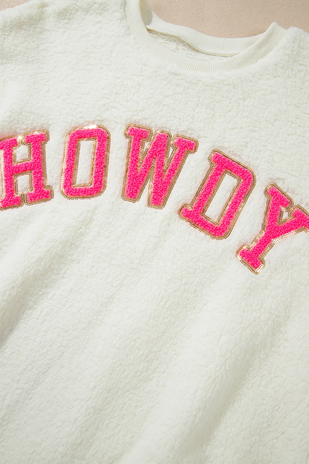HOWDY Patched Round Neck Sherpa Sweatshirt, image 4