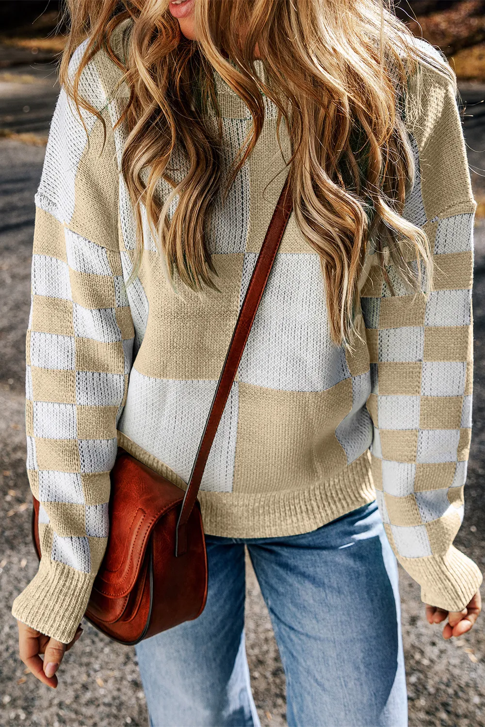Checkered Round Neck Drop Shoulder Sweater, image 3