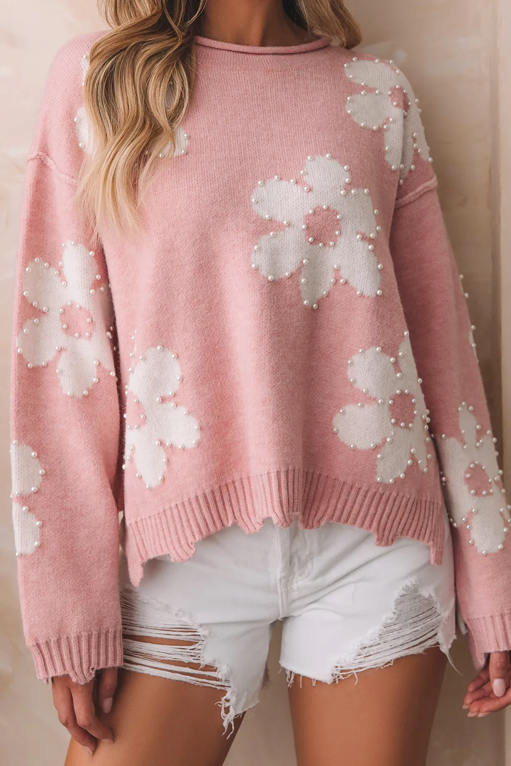 Pearl Trim Flower Round Neck Sweater, image 6
