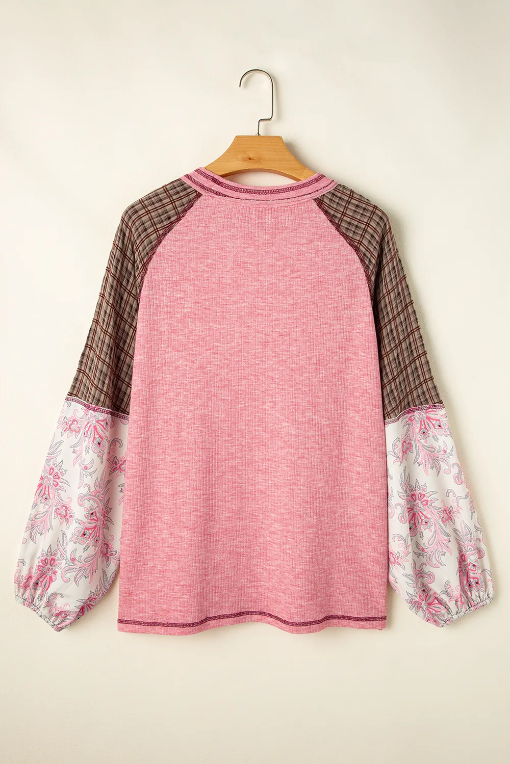 Plaid Floral Patchwork Round Neck Long Sleeve Top, image 4