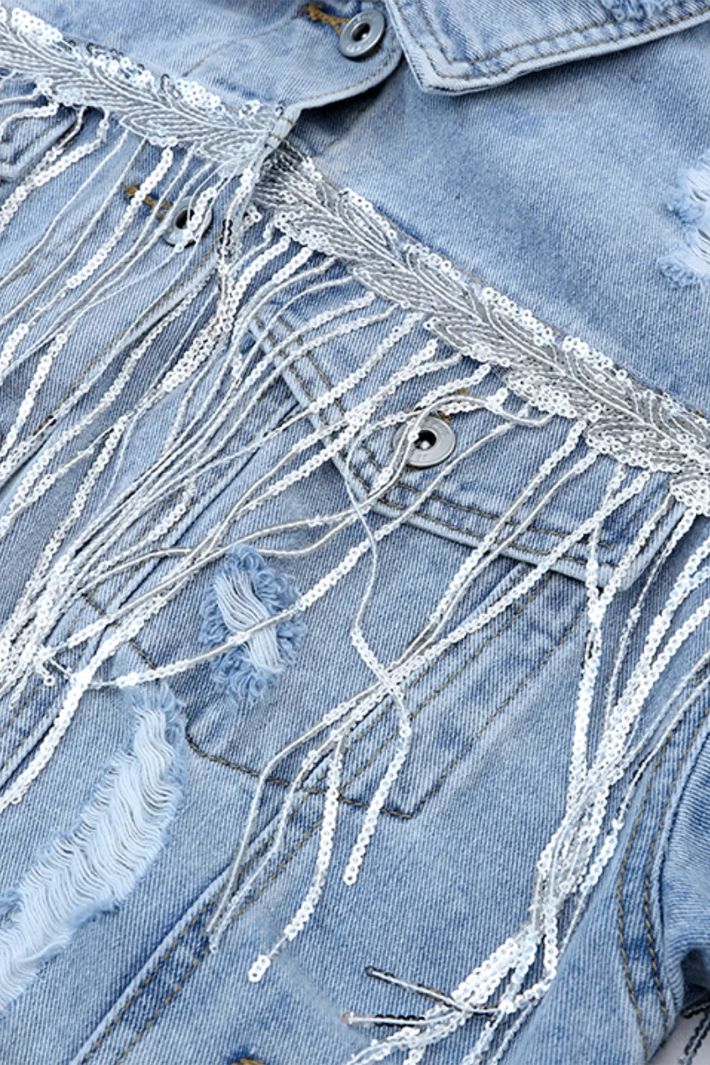 Sequin Fringe Trim Distressed Button Up Denim Jacket, image 8