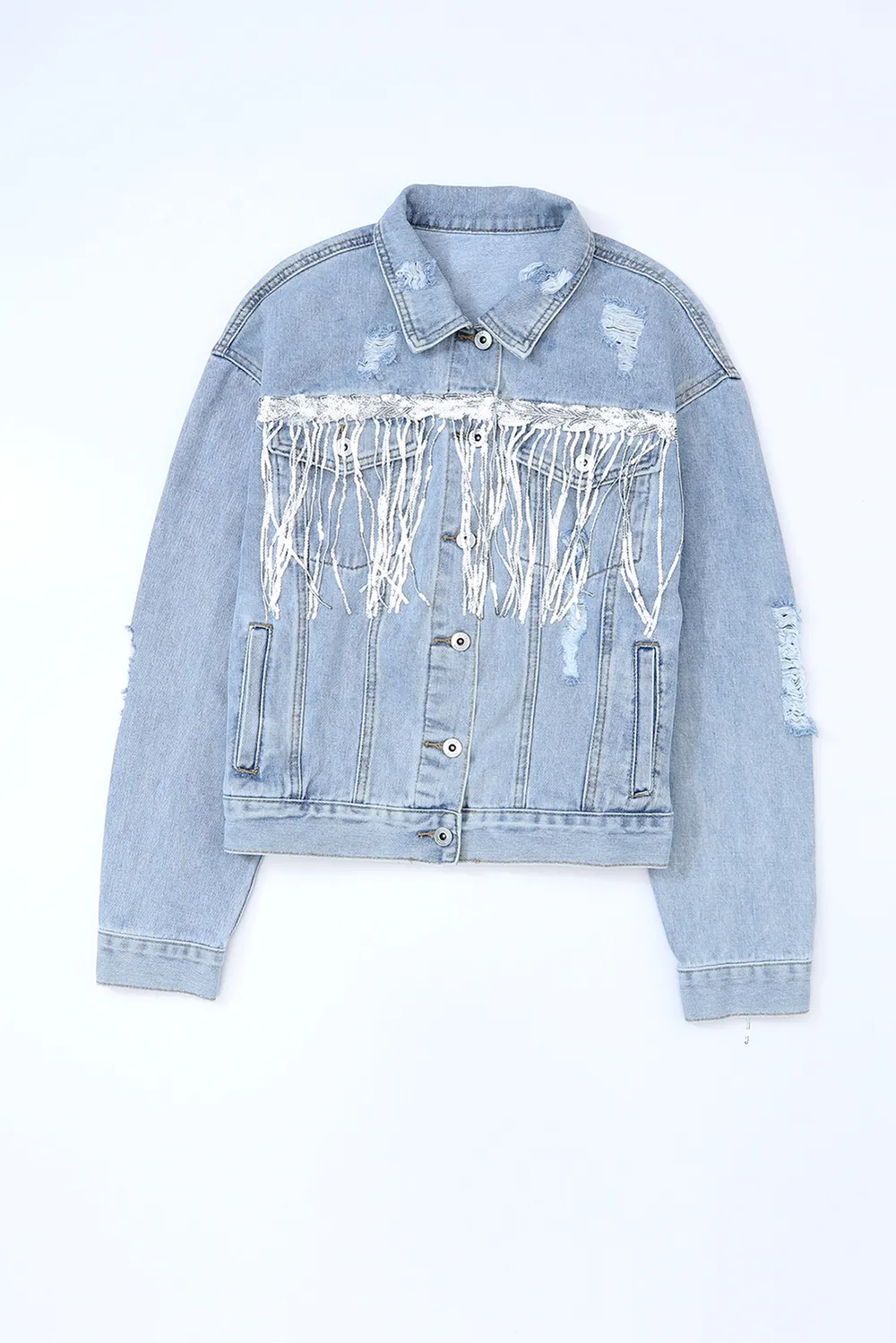 Sequin Fringe Trim Distressed Button Up Denim Jacket, image 5