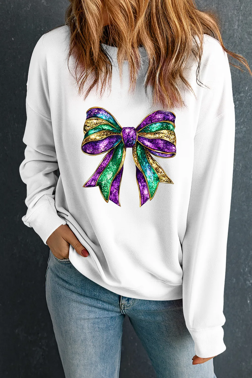 Bow Round Neck Long Sleeve Sweatshirt, image 2