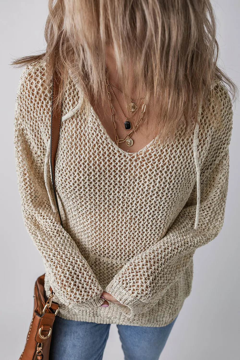 Openwork Dropped Shoulder Hooded Knit Top, image 4