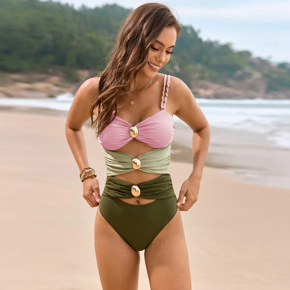 Color Block Sweetheart Neck One-Piece Swimwear, image 2