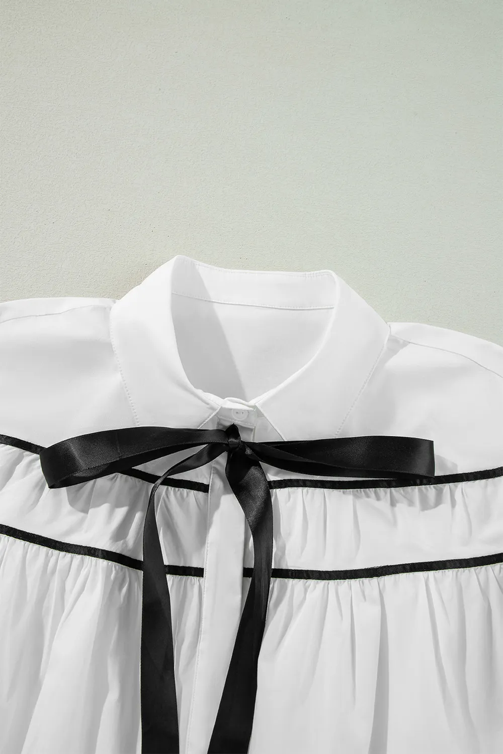 Ribbon Bowtie Collared Neck Flounce Sleeve Shirt, image 2