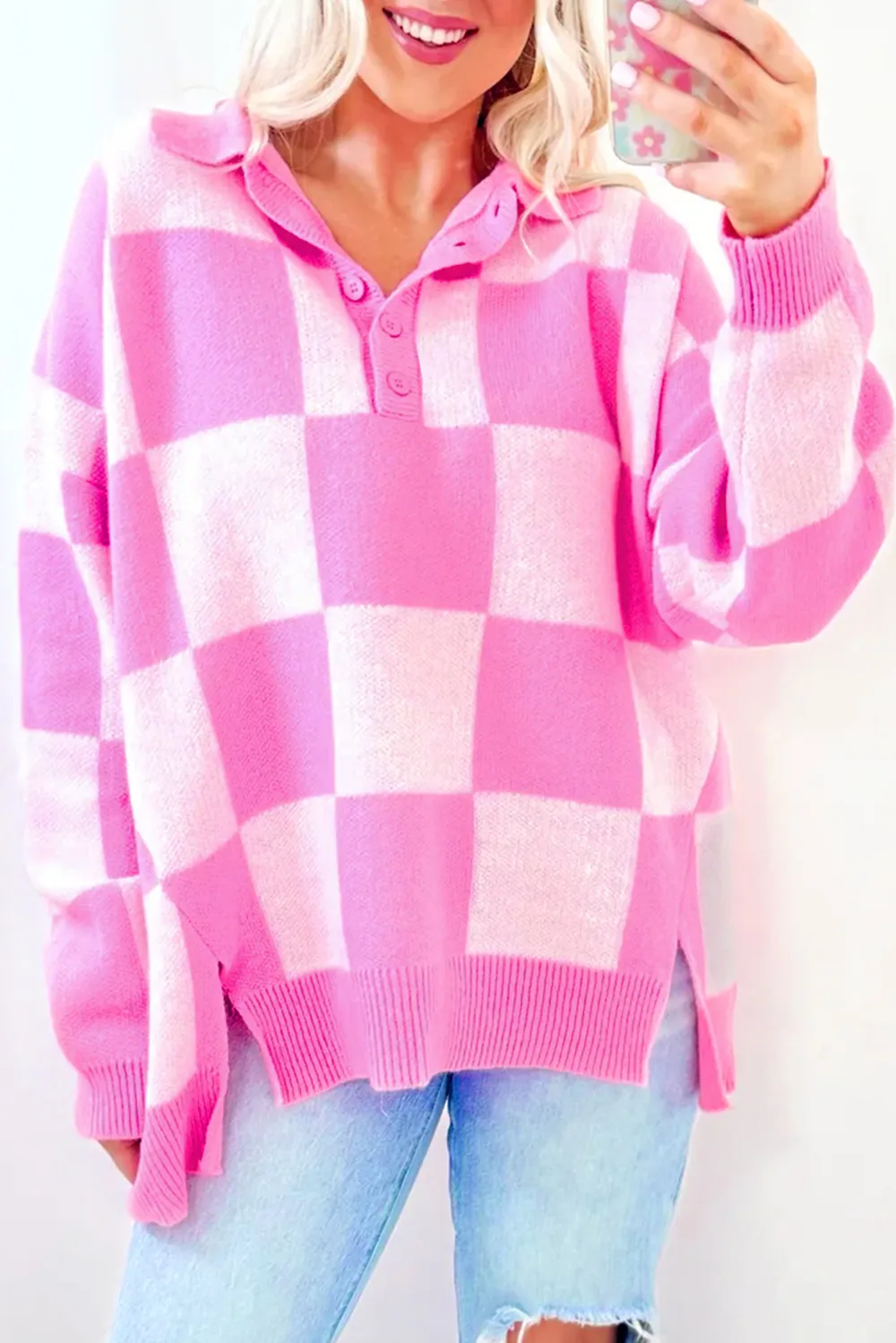 Slit Checkered Half Button Long Sleeve Sweater, image 4