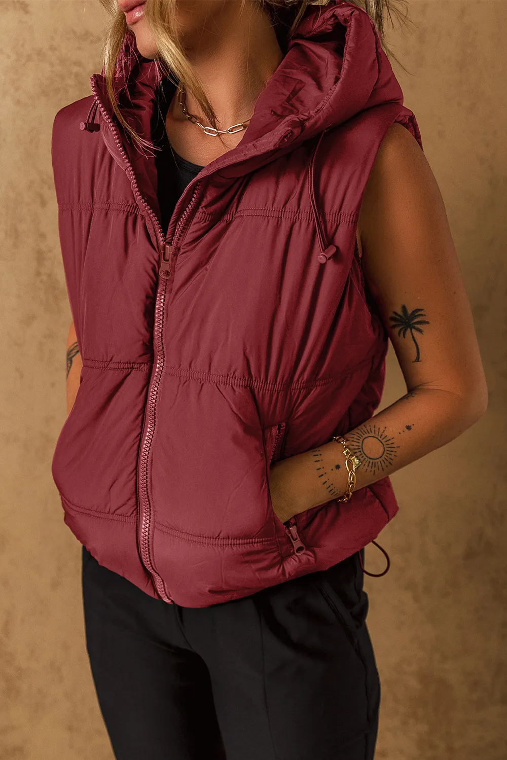 Drawstring Zip Up Hooded Vest Coat, image 6