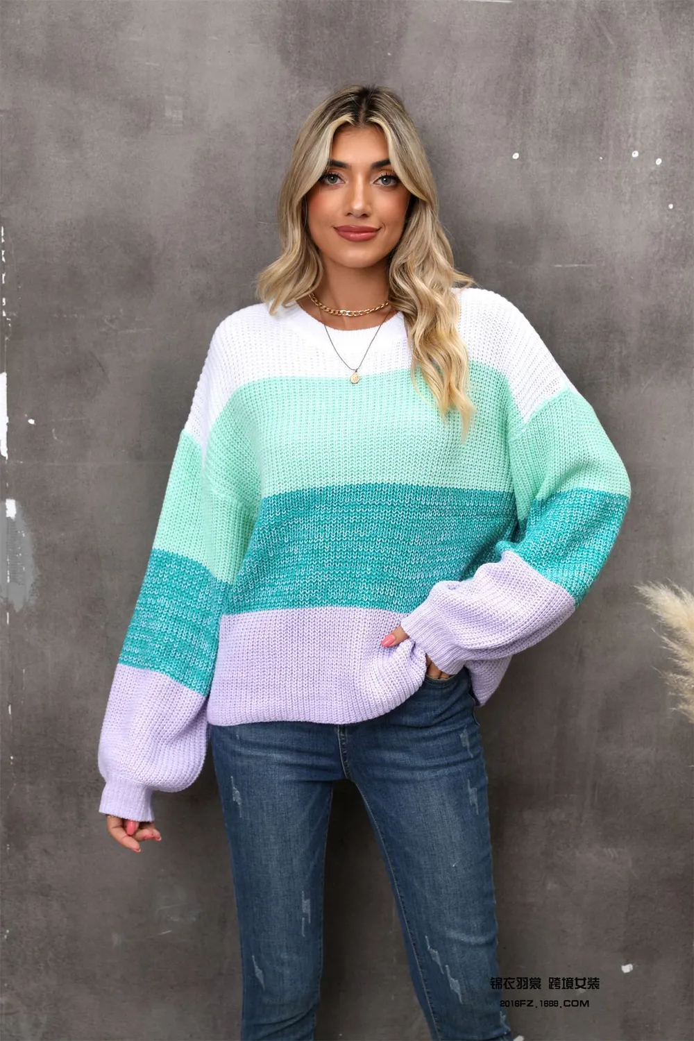 Color Block Round Neck Dropped Shoulder Sweater, image 5
