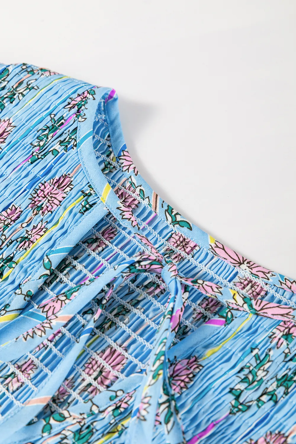 Smocked Floral Print Tie Neck Blouse, image 5