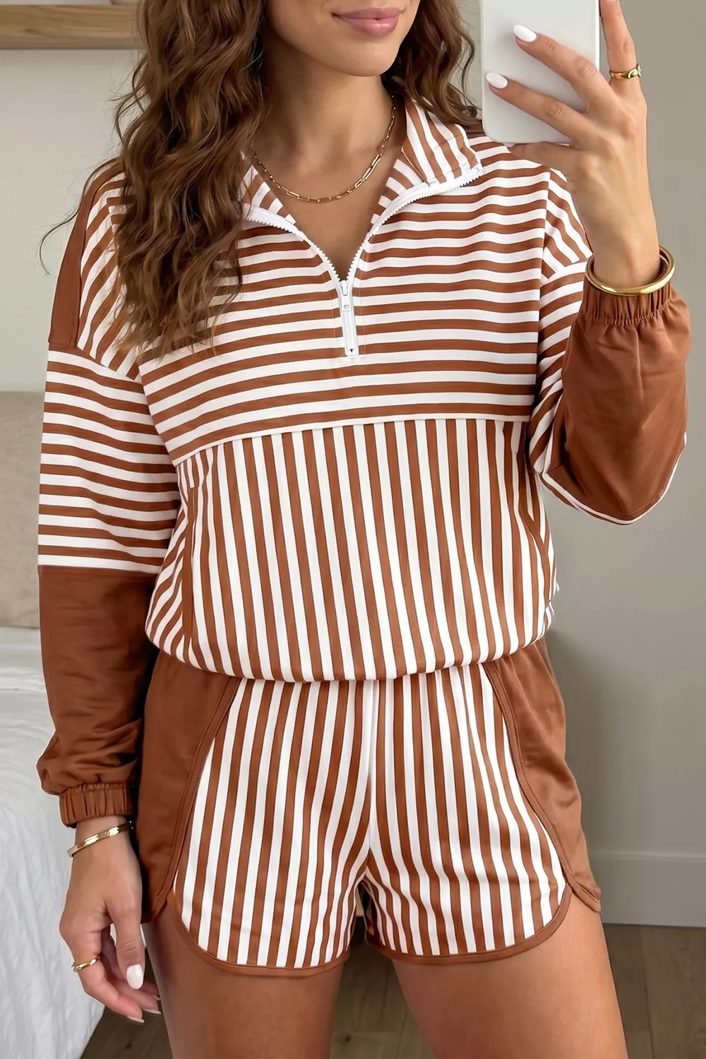 Stripe Color Block Patchwork Quarter Zip Pullover Sporty Shorts Set, image 3