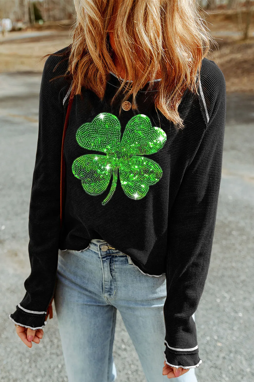 Sequin Lucky Clover Lettuce Trim Long Sleeve Top, image 2