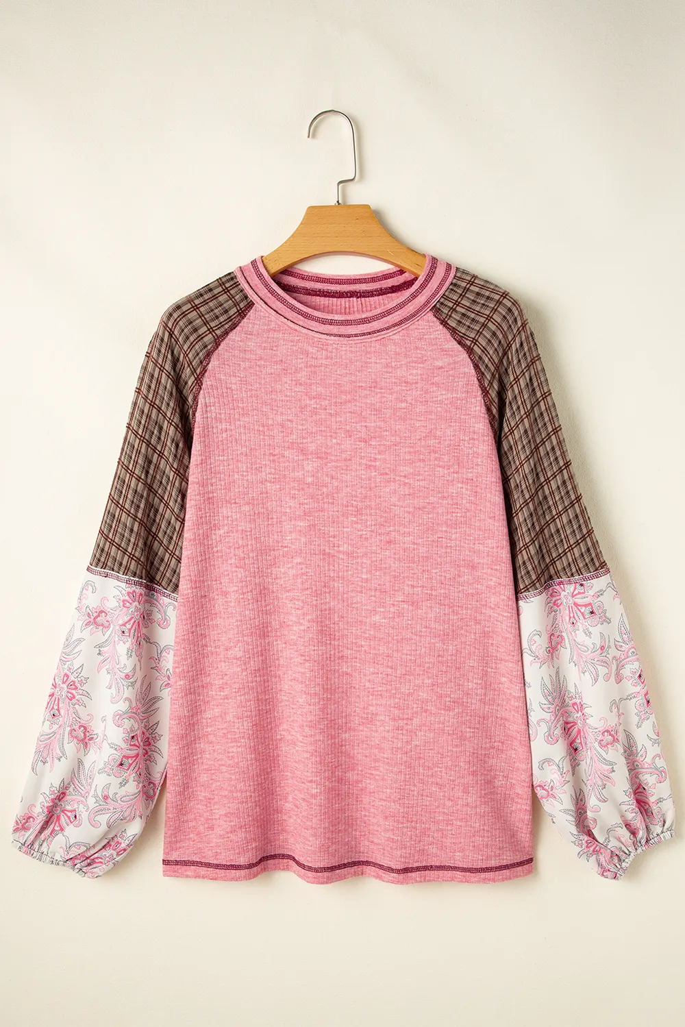 Plaid Floral Patchwork Round Neck Long Sleeve Top, image 6