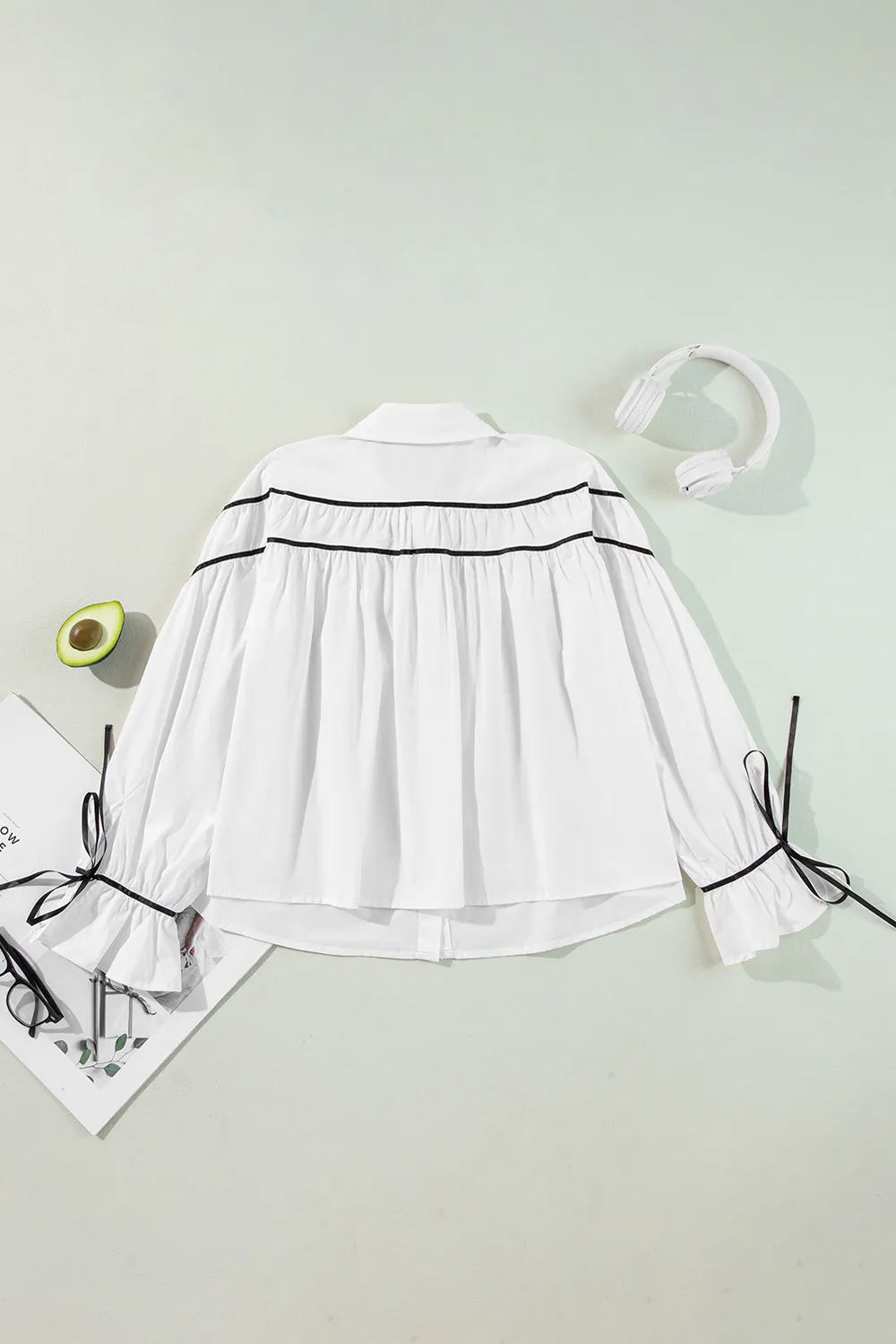 Ribbon Bowtie Collared Neck Flounce Sleeve Shirt, image 3