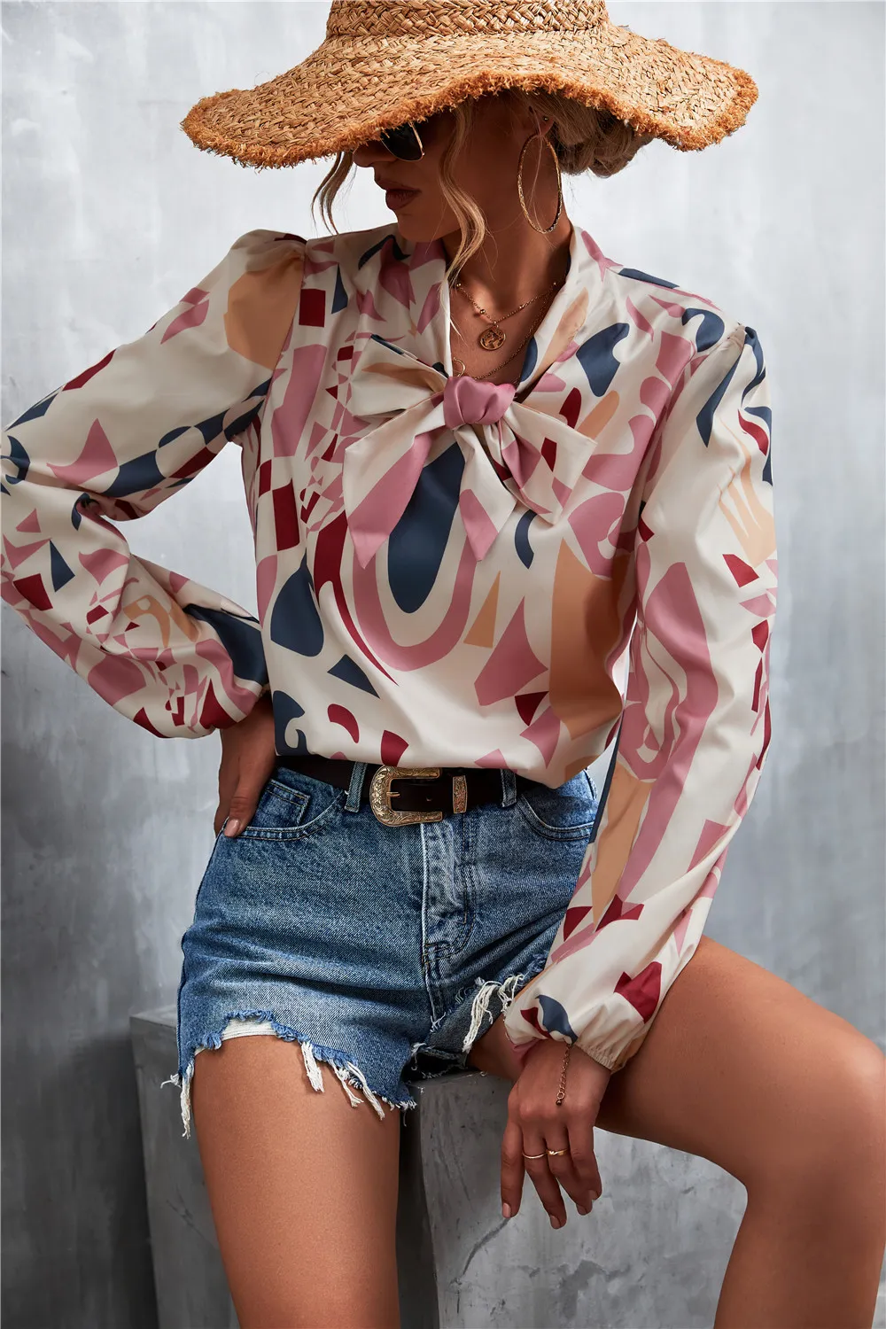 Printed Tie Neck Puff Sleeve Blouse, image 2