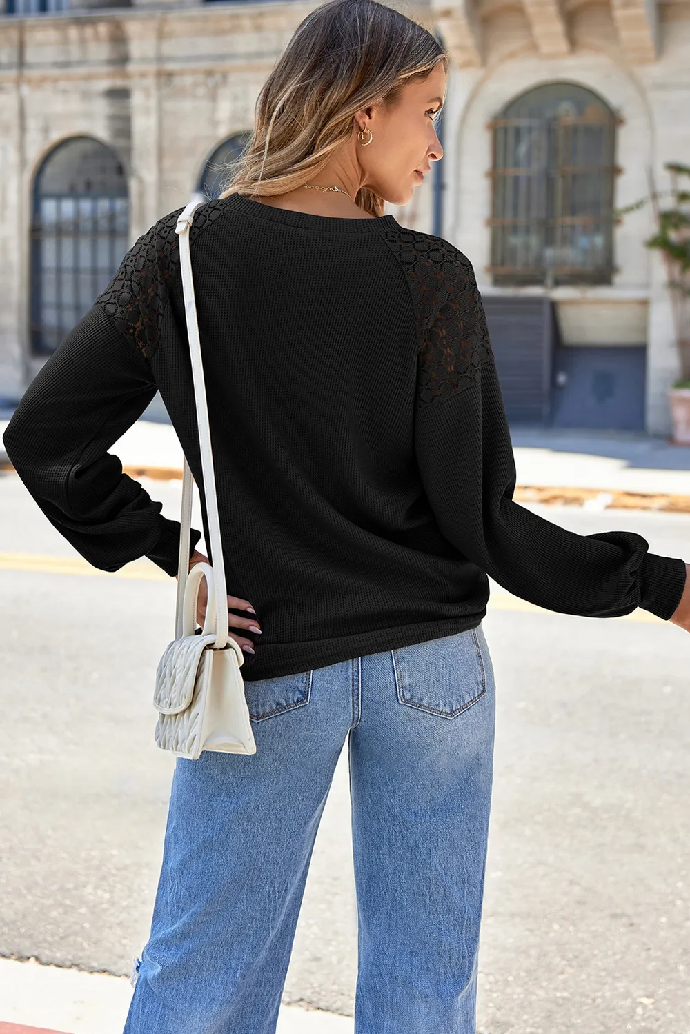 Lace Detail Round Neck Lantern Sleeve Top, image 4