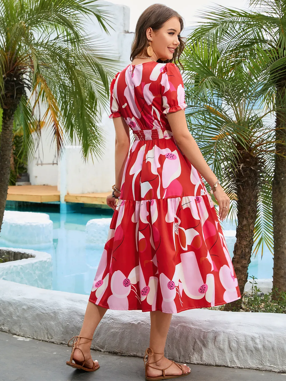 Printed Round Neck Flounce Sleeve Midi Dress, image 3