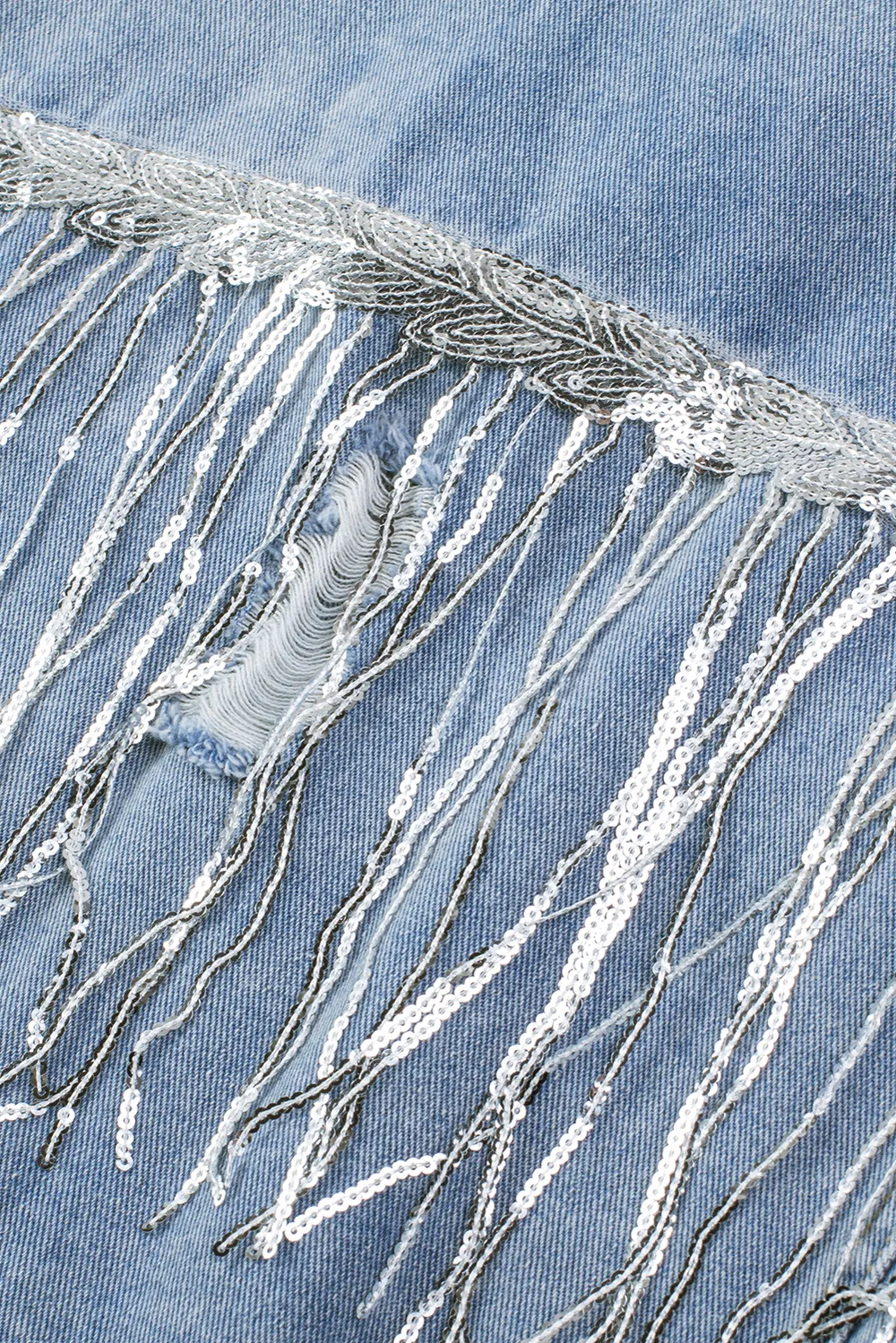 Sequin Fringe Trim Distressed Button Up Denim Jacket, image 11