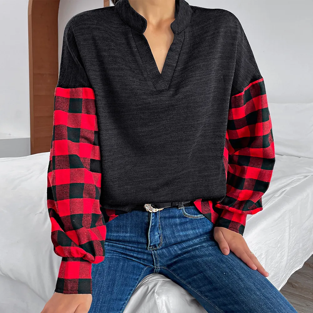 Buffalo Plaid Color Block Balloon Sleeve Top, image 5