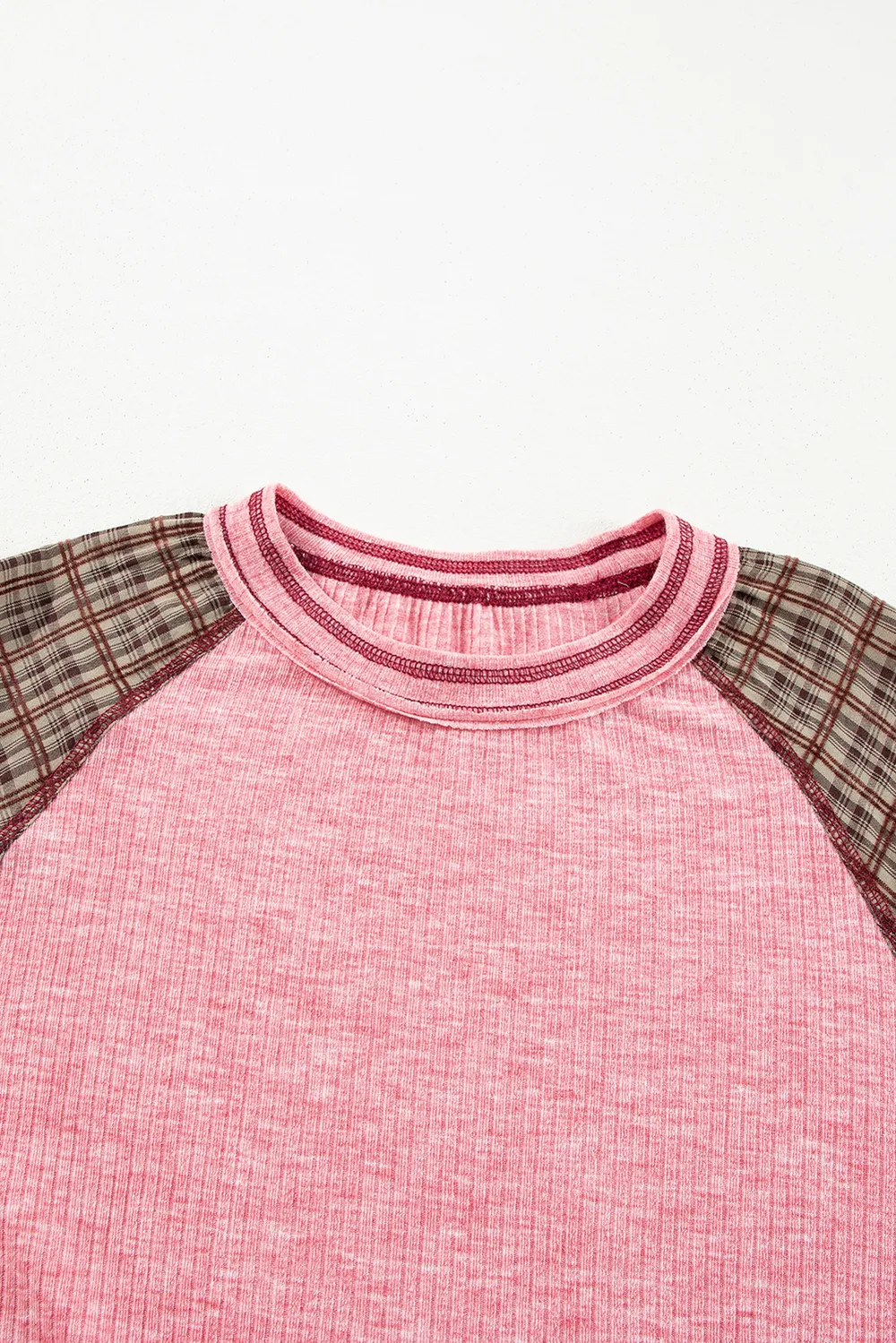 Plaid Floral Patchwork Round Neck Long Sleeve Top, image 7
