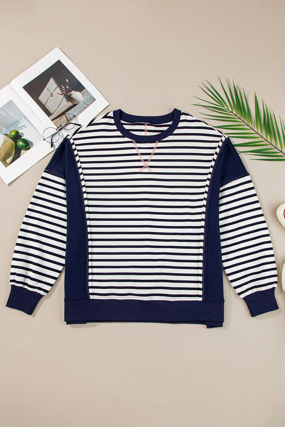 Exposed Seam Striped Long Sleeve Sweatshirt, image 4