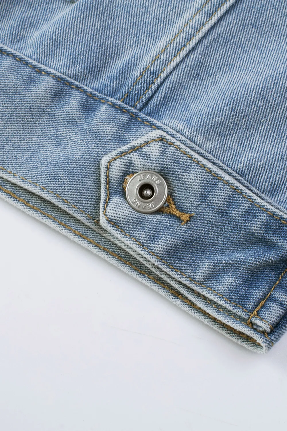 Sequin Fringe Trim Distressed Button Up Denim Jacket, image 12
