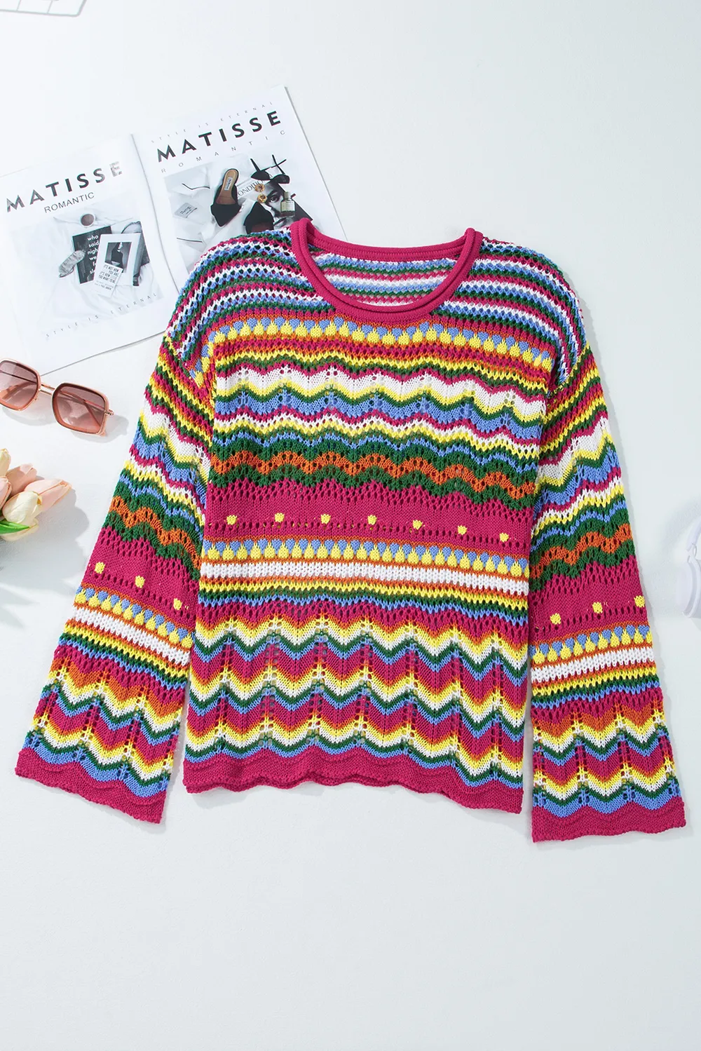 Openwork Contrast Round Neck Flare Sleeve Knit Top, image 3