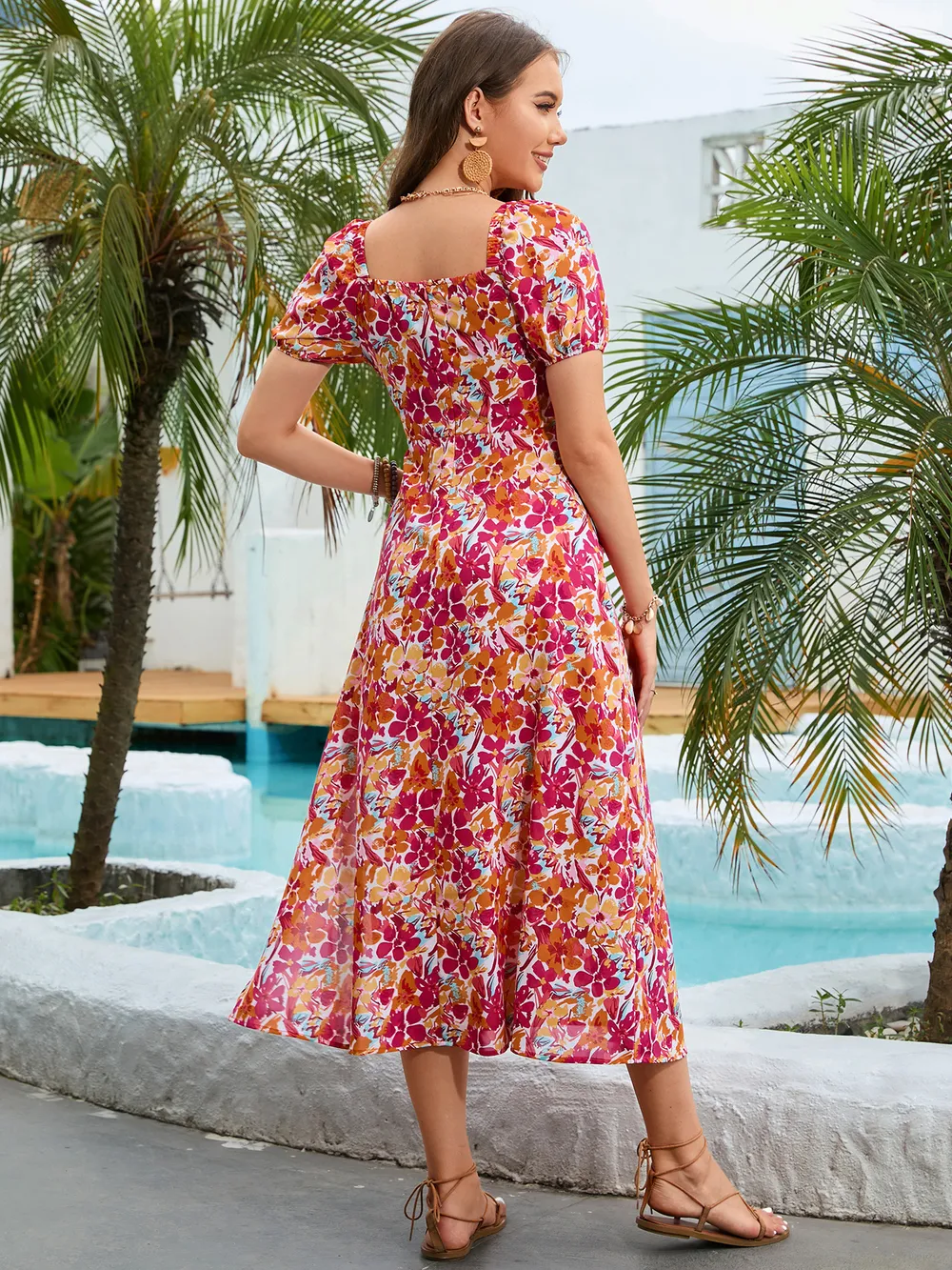 Floral Square Neck Short Sleeve Midi Dress, image 3