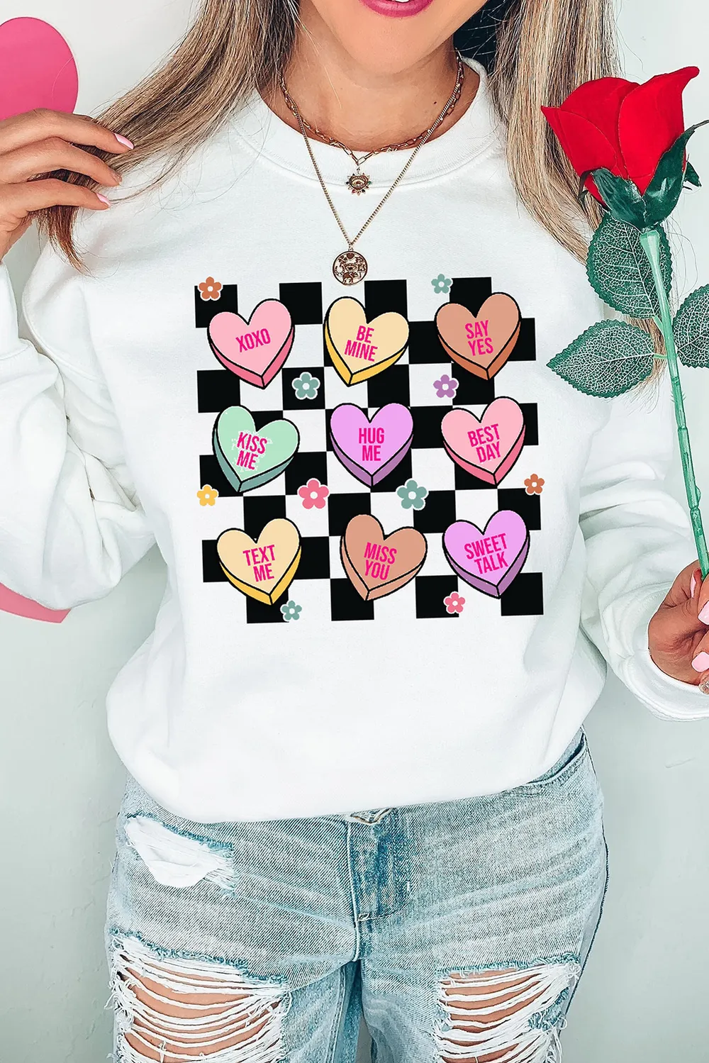 Valentine's Day Checkered Heart Long Sleeve Sweatshirt, image 2