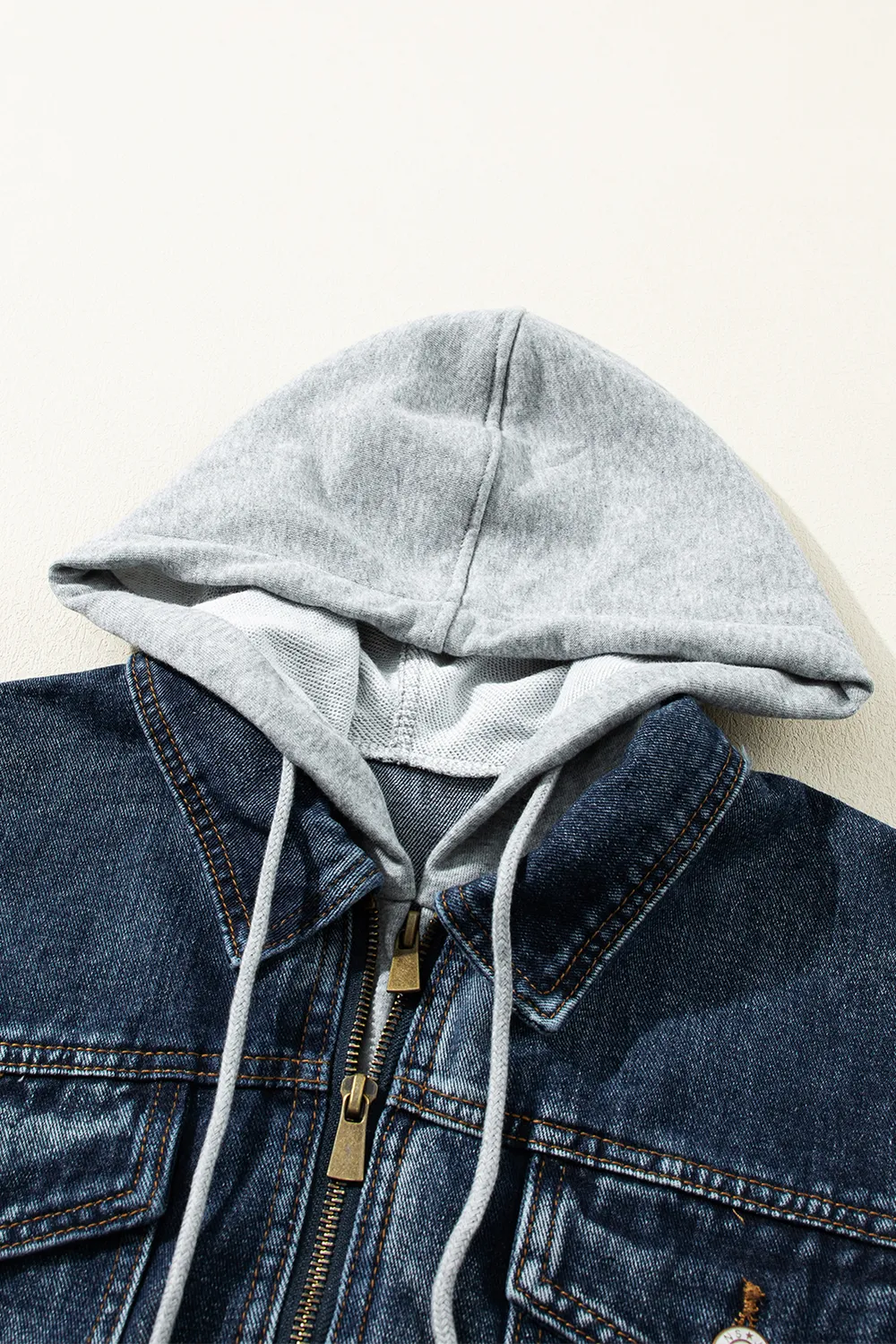 Fake Two-Piece Hooded Zip-Up Denim Jacket, image 4
