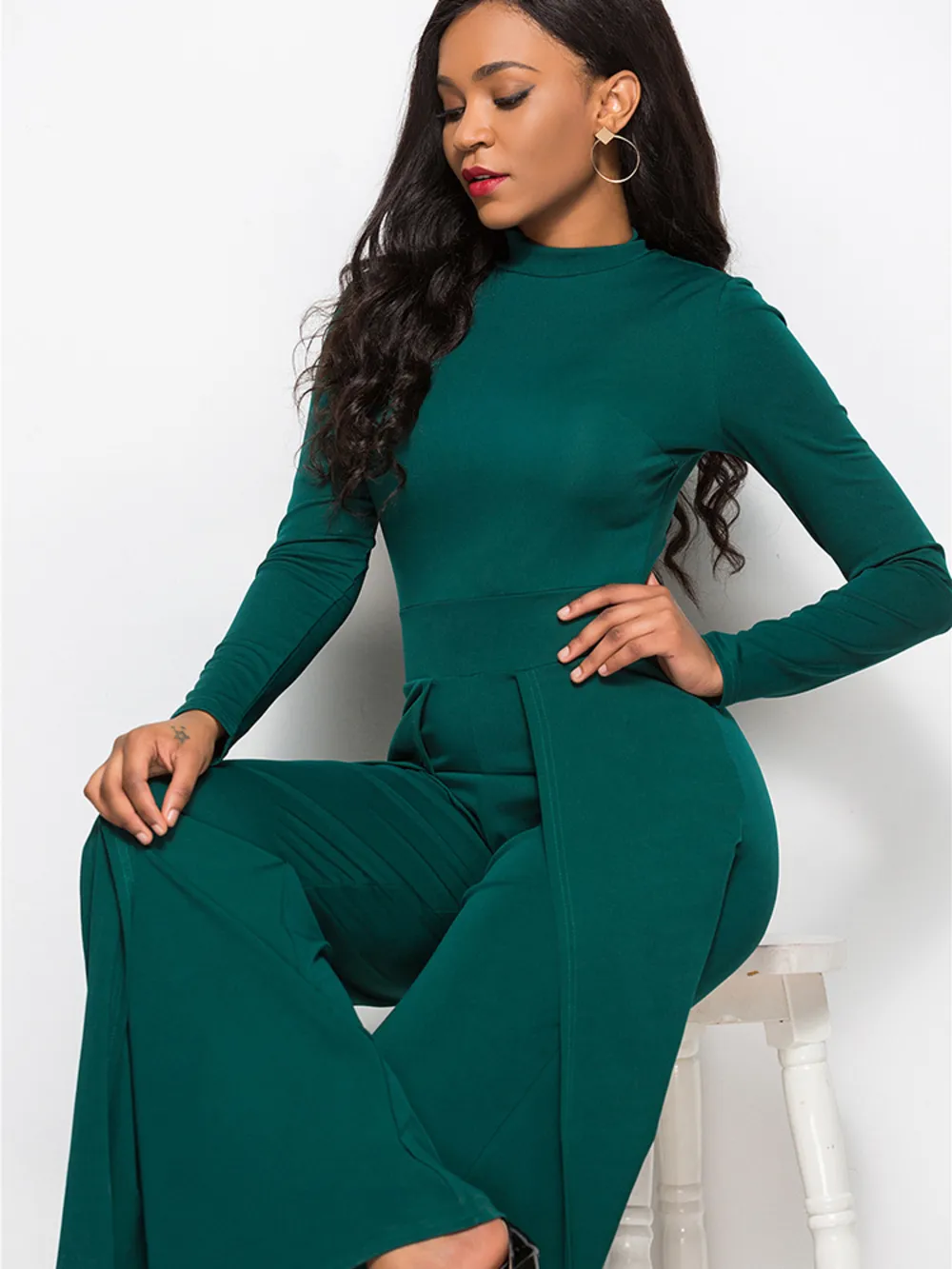 Long Sleeve Mock Neck Wide Leg Jumpsuit, image 9