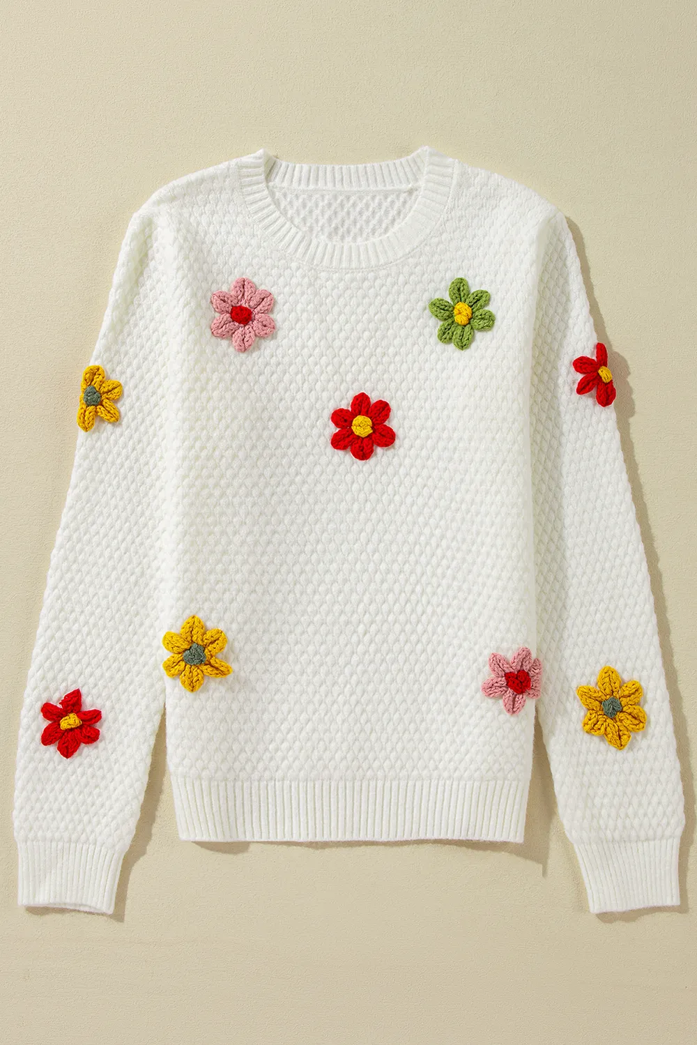 Crochet Flower Round Neck Long Sleeve Sweater, image 5