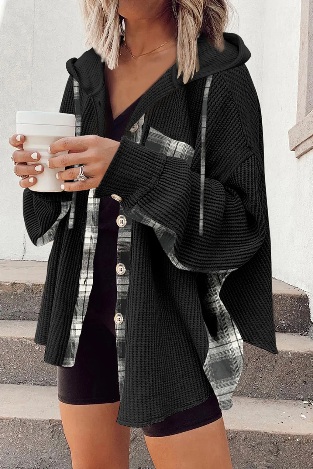Waffle Knit Plaid Patchwork Drawstring Hooded Shacket, image 2