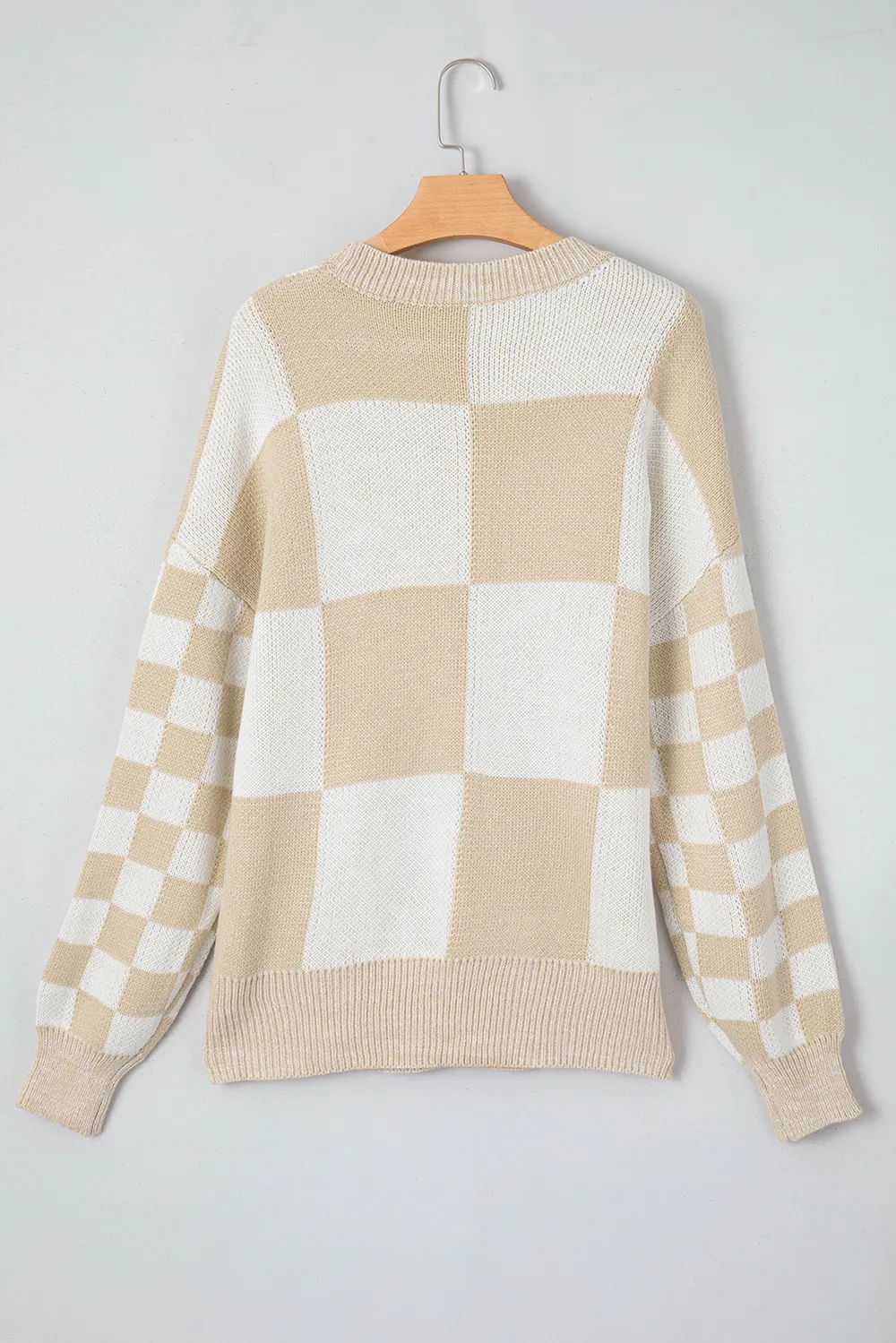 Checkered Round Neck Drop Shoulder Sweater, image 5