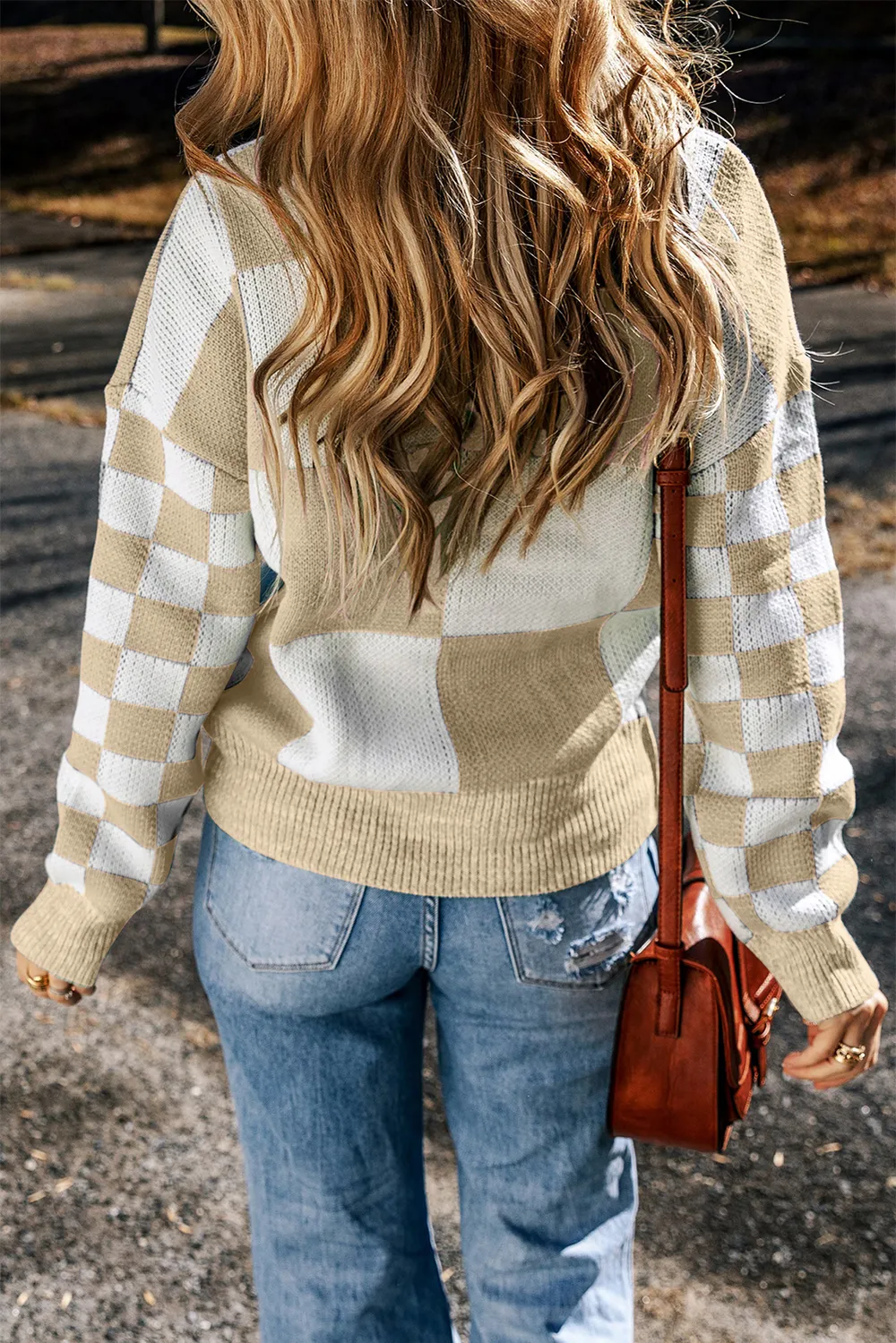 Checkered Round Neck Drop Shoulder Sweater, image 6