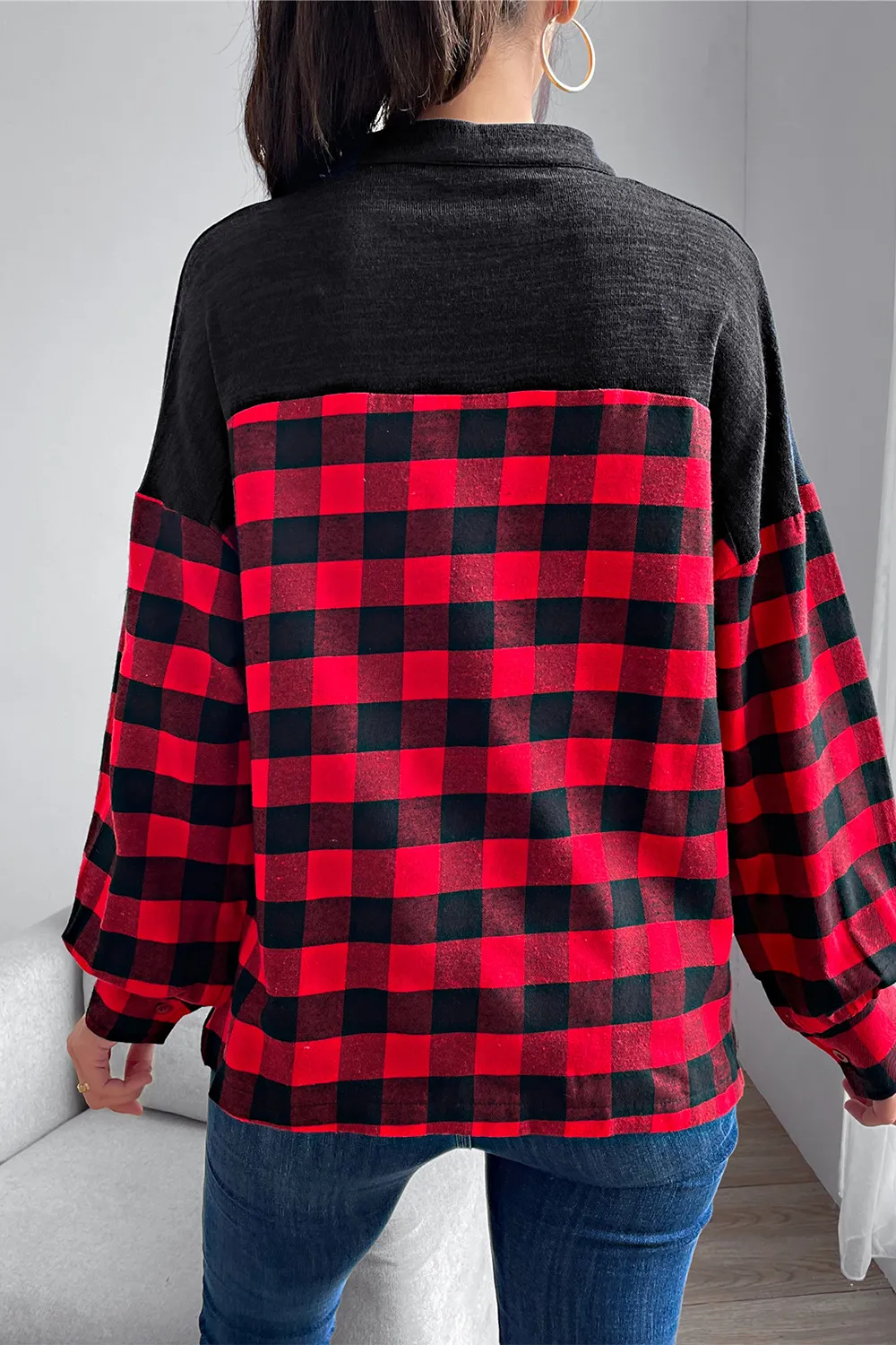 Buffalo Plaid Color Block Balloon Sleeve Top, image 3