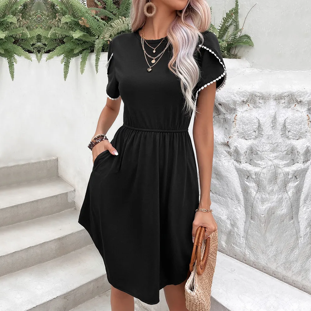 Round Neck Petal Sleeve Dress with Pockets, image 2