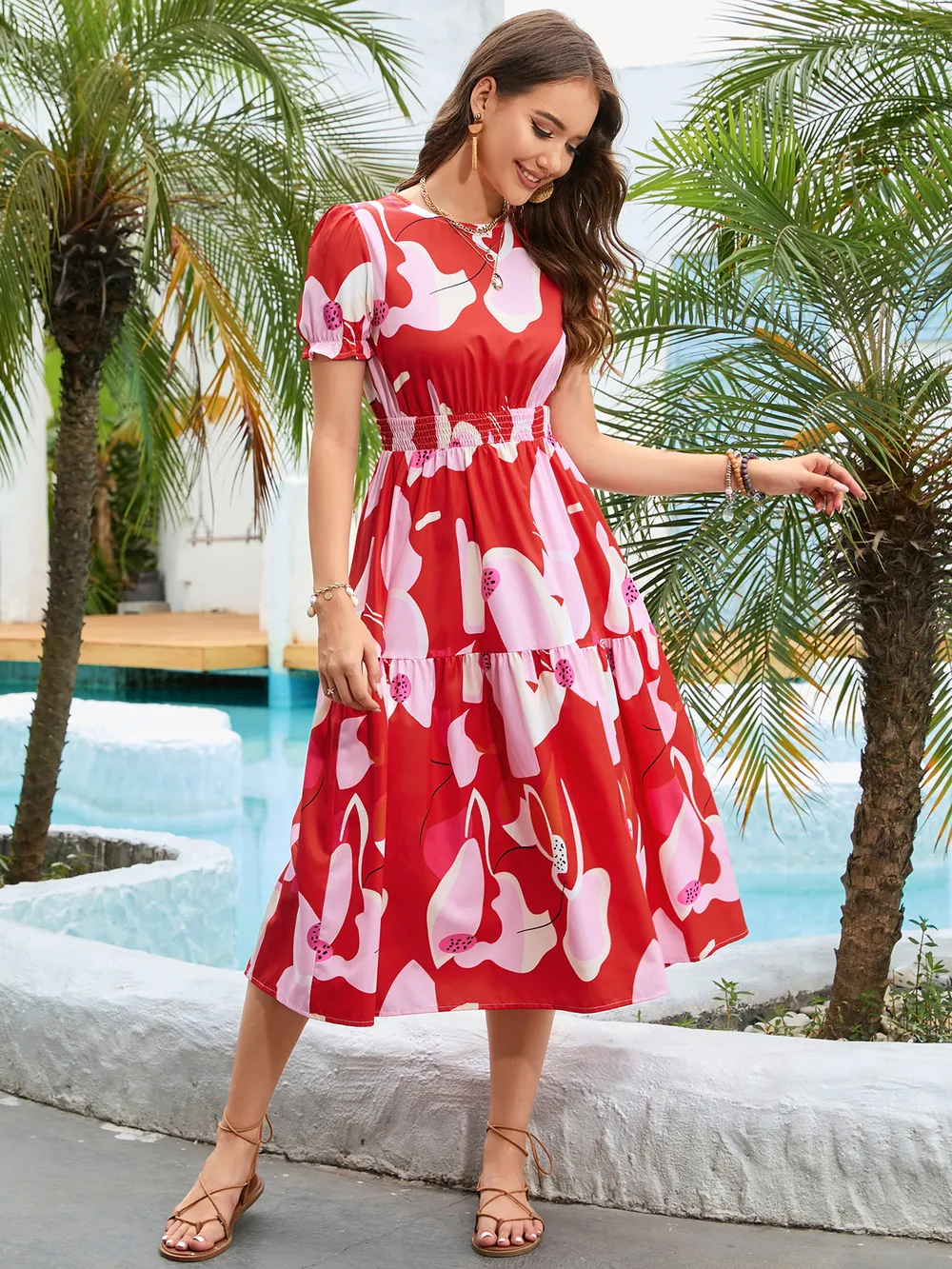 Printed Round Neck Flounce Sleeve Midi Dress, image 4
