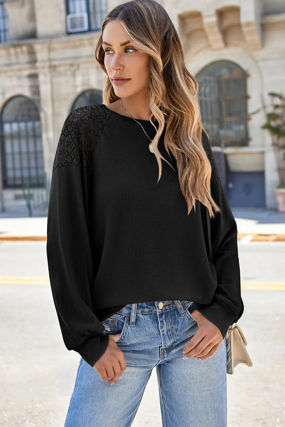 Lace Detail Round Neck Lantern Sleeve Top, image 5
