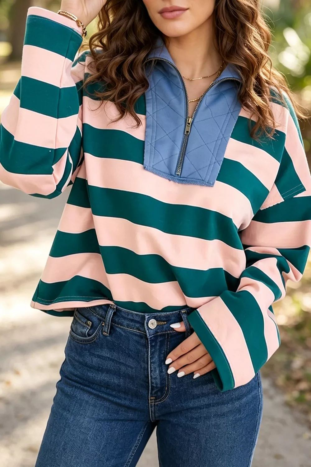 Stripe Quarter-Zip Metal Zipper Cover Stitch Hem Top, image 2